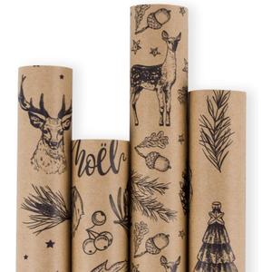 RUSPEPA Christmas Wrapping paper - Brown Kraft Paper with Black Christmas Elements Print Paper - 4 Roll-30Inch X 10Feet Per Roll