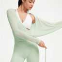 SUUKSESS Women Pilates Wrap Workout Cropped Top Ribbed Long Sleeve V Neck Tie Front Ballet Yoga Shrug Blouse (Medium)