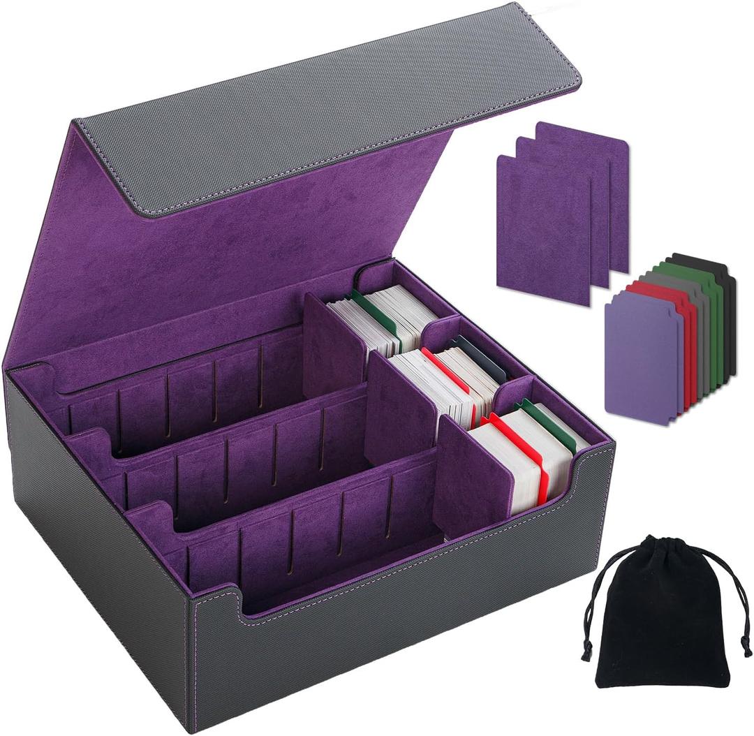 Card Deck Box for Comes with 3 velvet divider cards, PU Leather Strong Magnet trading card storage box Holds over 1800 Magic Commander deck cards, MTG, YGO, PKM and Sports Cards