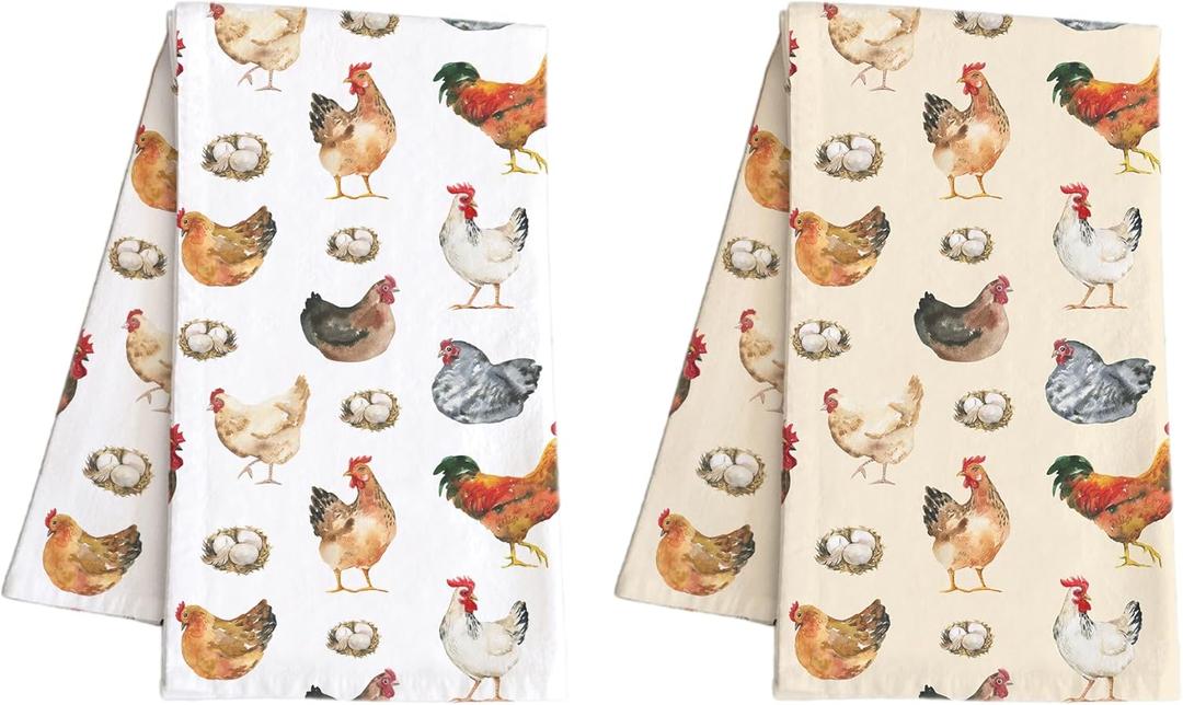 Farmhouse Chicken Print Kitchen Dish Towels Set of 2 - Rustic Hen and Egg Design - Decorative Cotton Tea Towels for Cooking, Drying, and Baking, Farm Animal Kitchen Decor