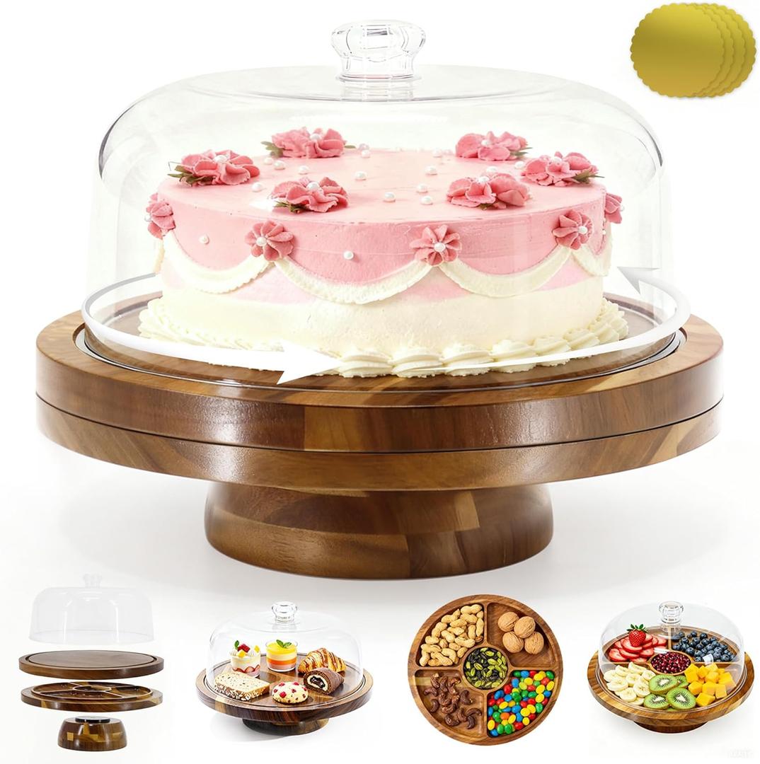 Wood Cake Stand with Dome Lid, 12 Inch Rotating Display Server Tray, Wooden Cake Display Stand with Acrylic Cover, Cake Holder Stand with 4 Bonus Cake Sheets for Birthday, Kitchen, Party, and Wedding Use