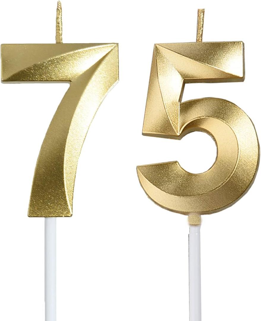 Gold 75th & 57th Birthday Candles,Gold Number 75 57 Cake Topper for Birthday Decorations Party Decoration