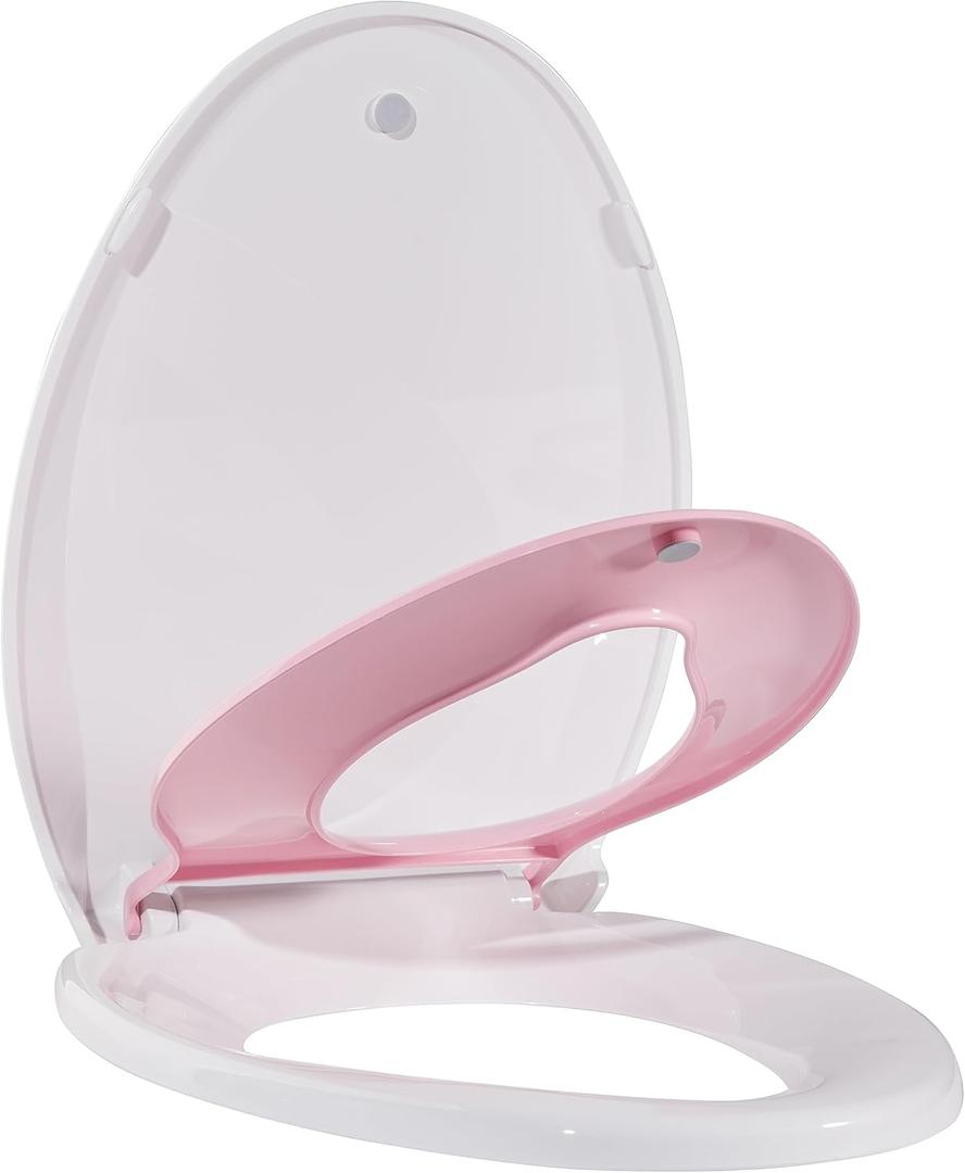Toilet Seat With Toddler Seat Built In, Elongated Toilet Seat for Potty Training, Fits Both Adults and Children, Slow Close and Magnetic Closure-Ideal for Family Bathroom (Elongated Pink)