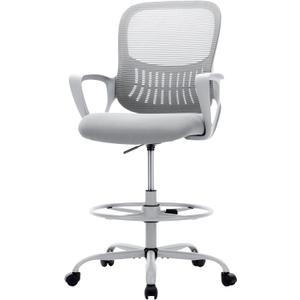 Sweetcrispy Tall Drafting Chair, High Office Desk Chair with Footrest | Comfy Lumbar Support, Counter Height Adjustable, Fixed Arms, 360° Computer Rolling Stool, Grey