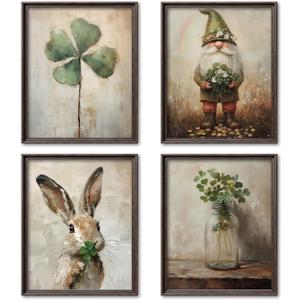 NaZaUK Vintage St Patrick's Day Green Shamrock Wall Art Prints, Lucky Rabbit Dwarf Artwork for Office Home Kitchen Bedroom Bathroom Living Room, Irish Blessing Gift, 8x10 Inches