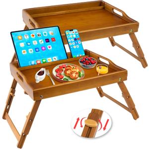 Greenual 2 Pack Bed Tray Table with Handles Folding Legs, Bamboo Breakfast Food Tray with Media Slot, Use As Platter, Laptop Desk, Snack, TV Tray Kitchen Serving Tray(Brown)