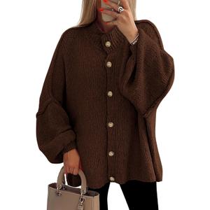 PRETTYGARDEN Women's Winter Button Down Cardigan Sweaters Mock Neck Lantern Long Sleeve Chunky Knit Jacket Trendy Outerwear (X-Large, Brown)
