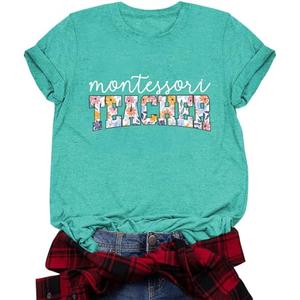 MontessoriTeacher Shirts for Women Teacher Gifts Short Sleeve Shirts Graphic Tees Summer Tops 2025 Size L