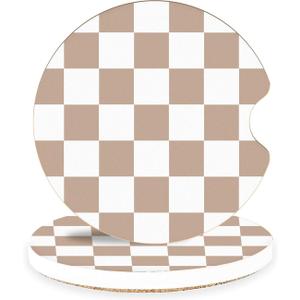Brown Checkerboard Ceramic Car Coasters  Absorbent Car Cup Holder Coaster Set for Aesthetic Car Interior, Retro Neutral Car Accessories, 2 Pack