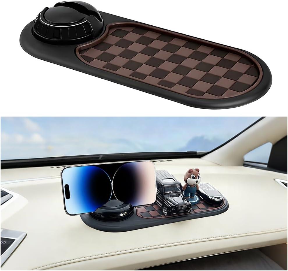 Car Dash Anti-Slip Pad, 3-in-1 Rotatable Dash Non-Slip Mat with Phone Holder & Temporary Parking Number, Multifunctional Dashboard Grip Mat for Key Gadgets, Universal Fit (Brown/Black)