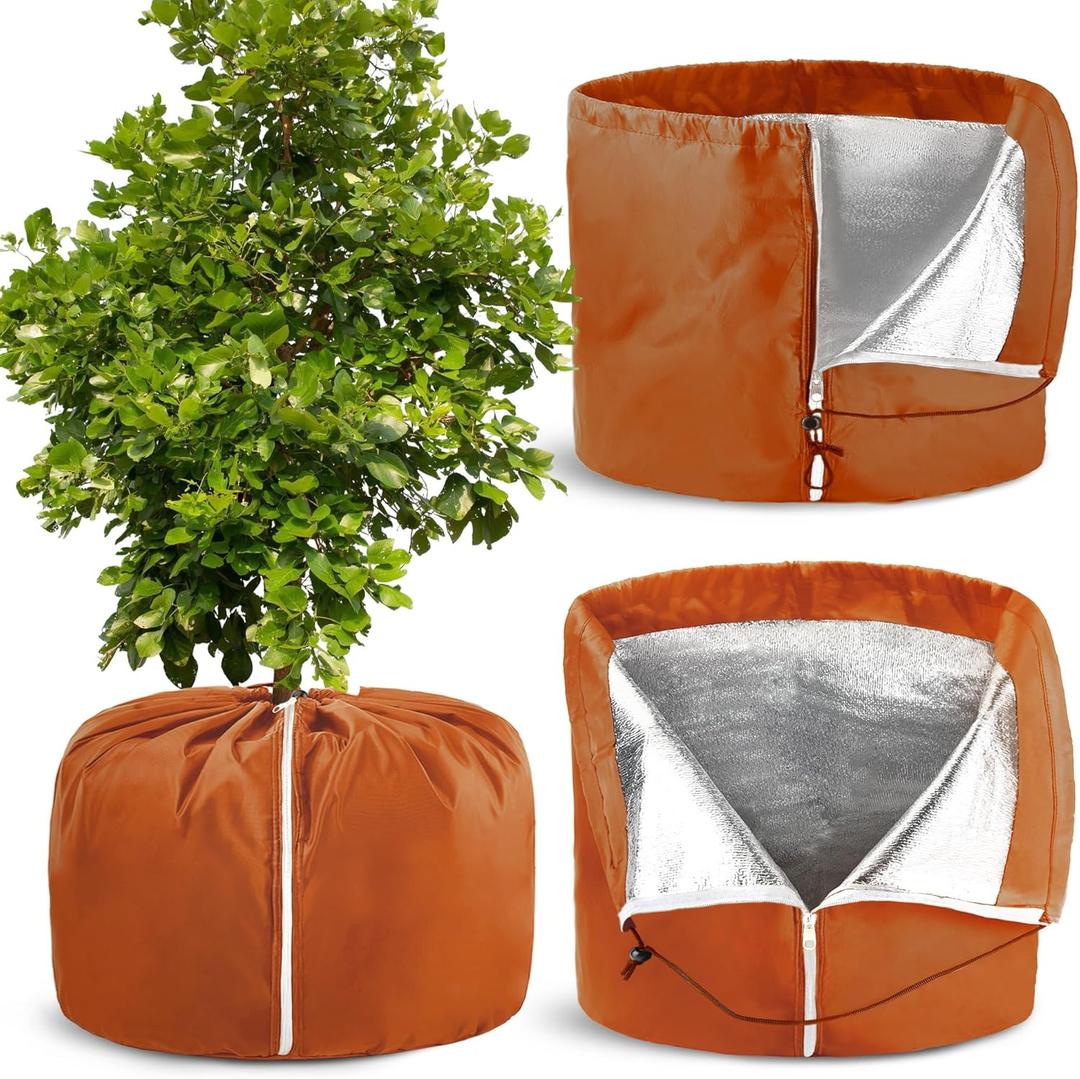 UNIFAMILY 2 Packs Plant Pot Covers for Winter with Drawstring and Zipper, Brown Plant Covers Freeze Protection, Plants Frost Protect Bags, Potted Plant Covers Frost Protection (Brown-L-25.6x19.6'')