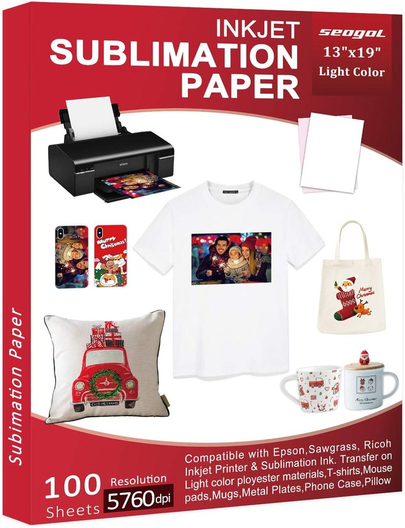 Seogol Sublimation Paper 13 x 19 Inches 100 Sheets 125gsm, for Inkjet Printer with Sublimation Ink Epson, Sawgrass, Ricoch, Heat Transfer Sublimation for Mugs T-shirts Light Fabric