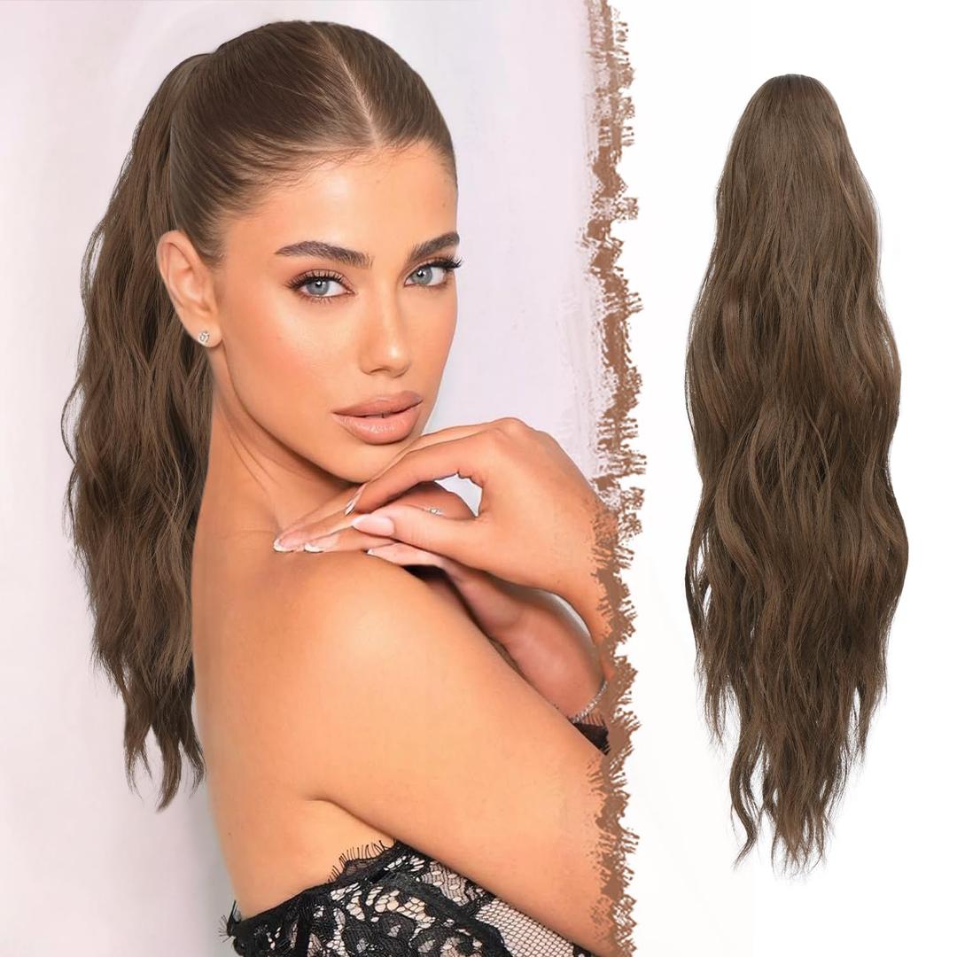 FESHFEN Ponytail Extensions, Long Claw Clip in Ponytail Hairpiece Synthetic Pony Tails Hair Piece Natural Wavy Hairpieces for Women, Golden Brown 20 inch