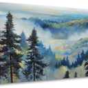Anolyfi Large Foggy Forest Canvas Wall Art Living Room Landscape Mountain Painting, Blue Pine Tree Scenery for Bedroom Bathroom Kitchen Office Home Decor 40"x20"