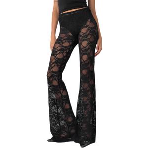 Women Layered Ruffle Tulle Pants High Waist Wide Leg Long Trousers Sheer Mesh Tiered Party Pants (Small)