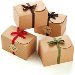 Brown Kraft Cookie Boxes with Ribbons & Stickers (20 Pack) 6.5 x 4 Small Cardboard Gift Boxes for Gift Giving, Baked Goods, Candy, Christmas, Decorative Food Packaging, Bakery Treats, Empty, Bulk (Rectangle)