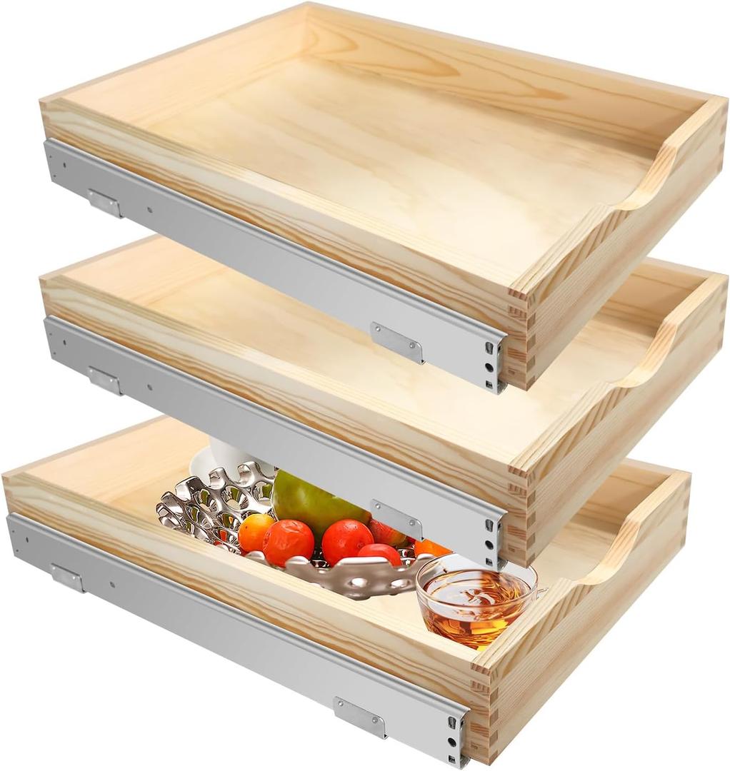 3 Set Pull Out Tray Cabinet Organizer Wooden Slide out Drawers Organizer for Base Cabinet Kitchen with Gentle Close Fully Assembled Pantry Storage Shelves (14'' X 21'' X 3")