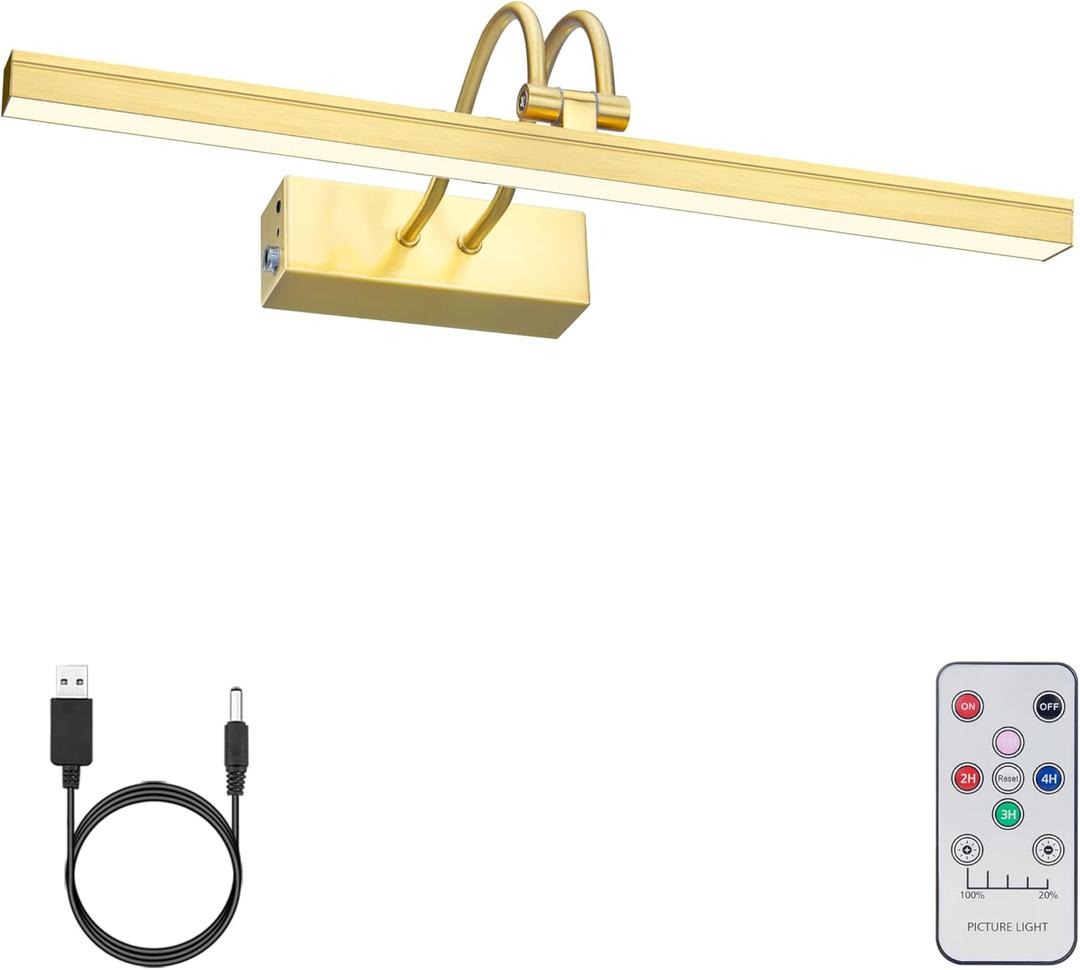 FUNCHDAY Picture Light Wireless, 13inch Rechargeable Battery Operated Gallery Painting Light with Remote, 280LM Dimmable Metal Art Lights for Paintings,Wall,Portrait (Brass)