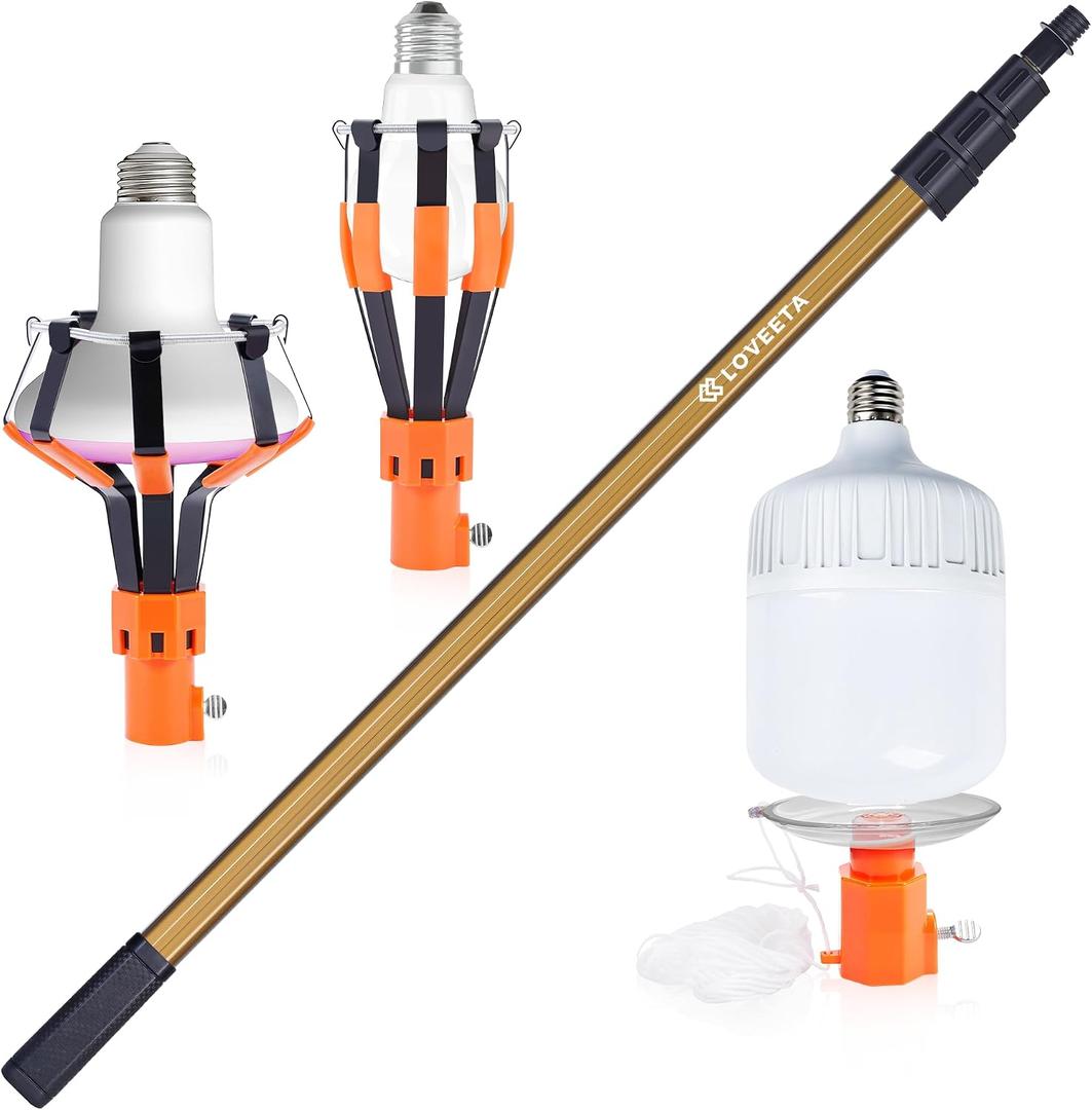 LOVEETA Gen2 12Ft [18Ft Reach] Lightweight Extendable Light Bulb Changer Pole for High Ceilings Telescopic Light Bulb Pole Changer with Bulb Gripper - Champagne Gold