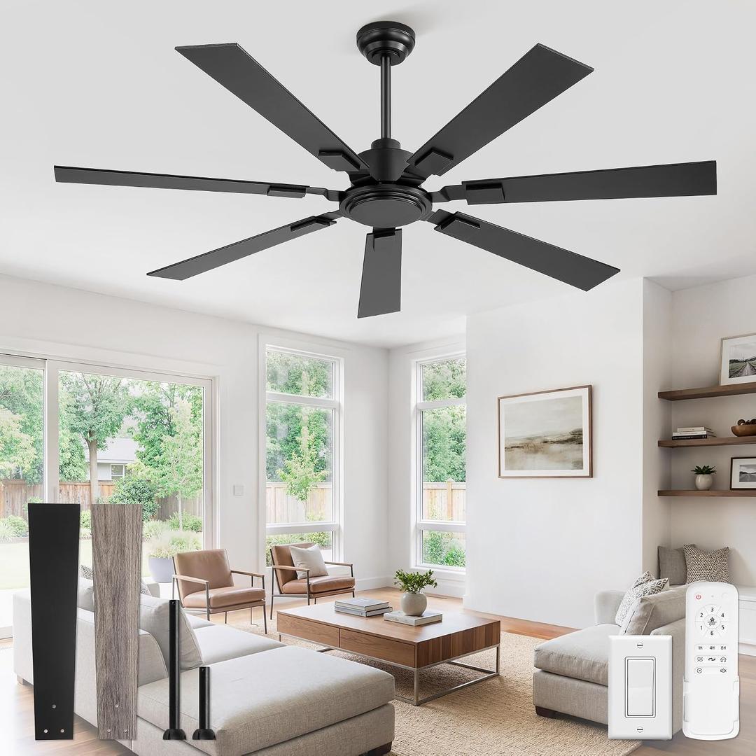 ZMISHIBO 60" Ceiling Fans No Light with Remote, Black Modern Ceiling Fan Without Light, Quiet Reversible DC Motor, 6 Speeds, 7 Blades Indoor/Outdoor Ceiling Fan for Living Room Bedroom Patio Garage