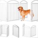 SNUOWU 4 Panles Full Matel Freestanding Dog Gates with Door, 96"Extra Wide 32"Tall Free Standing Dog Pet Gate for Indoor & Outdoor. Foldable Pet Fences for Doorways, House, Stairs, Porch, Deck, Yard 【4 Panels with Door】96"W*32H", White