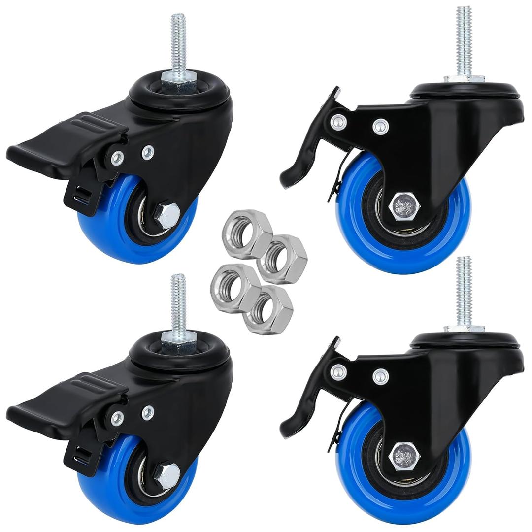 2 inch Stem Caster Wheels with Safety Dual Locking Heavy Duty Threaded Stem Casters No Noise Swivel Castors with Brakes with American Size UNC 1/4"-20 x 1