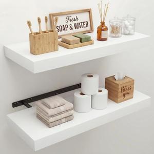 24" Width Floating Shelves, Wall Shelves for Bathroom/Living Room/Bedroom/Kitchen Decor, White Shelves with Invisible Brackets Set of 2