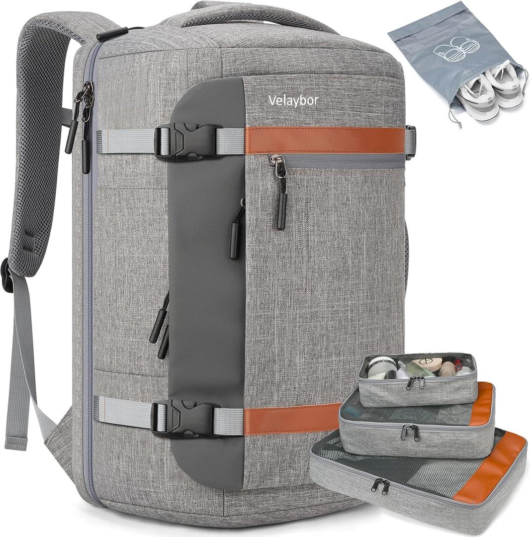 42L Travel Backpack with 4 Packing Cubes, TSA Friendly Flight Approved Carry-On Bag, Water-Resistant Weekender Business Backpack for Men Women, Fits 17.3" Laptop (Grey)