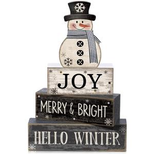 4 Pcs Snowman Christmas Decor Winter Table Decorations Christmas Tiered Tray Decor Winter Centerpiece Decorations Indoor Rustic Wooden Snowman Block Sign Gift Farmhouse for Home Kitchen