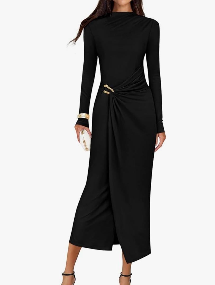 ZESICA Women's 2025 Fall Long Sleeve Bodycon Dress Mock Neck Wedding Guest Cocktail Party Long Midi Dresses Medium Black, Medium 