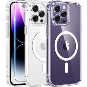 FNTCASE for iPhone 14 Pro-Max Case: Clear Magnetic Phone Cases with Screen Protector Compatible with Magsafe Slim Anti Yellowing Rugged Shockproof Protective Transparent Cell Cover (A-Clear)