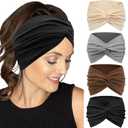 IVARYSS Extra Wide Headbands for Women Non-Slip, 7'' Large Twist Knotted Stretchy Wraps Head Bands Hair Accessories, 4 Pack, Neutral Color