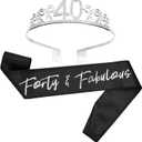 BLUE PANDA 40th Birthday Sash and Tiara for Women, Forty and Fabulous Party Decorations (Black Satin 40th Birthday Sash For Women)