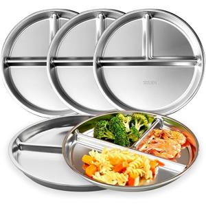 Stainless Steel Kids Plates, 9" Portion Control Divided Plates for Adults Toddlers Balance Lunch, Metal Unbreakable Sectioned Plate with BPA Free Reusable (9IN-5 Packs)