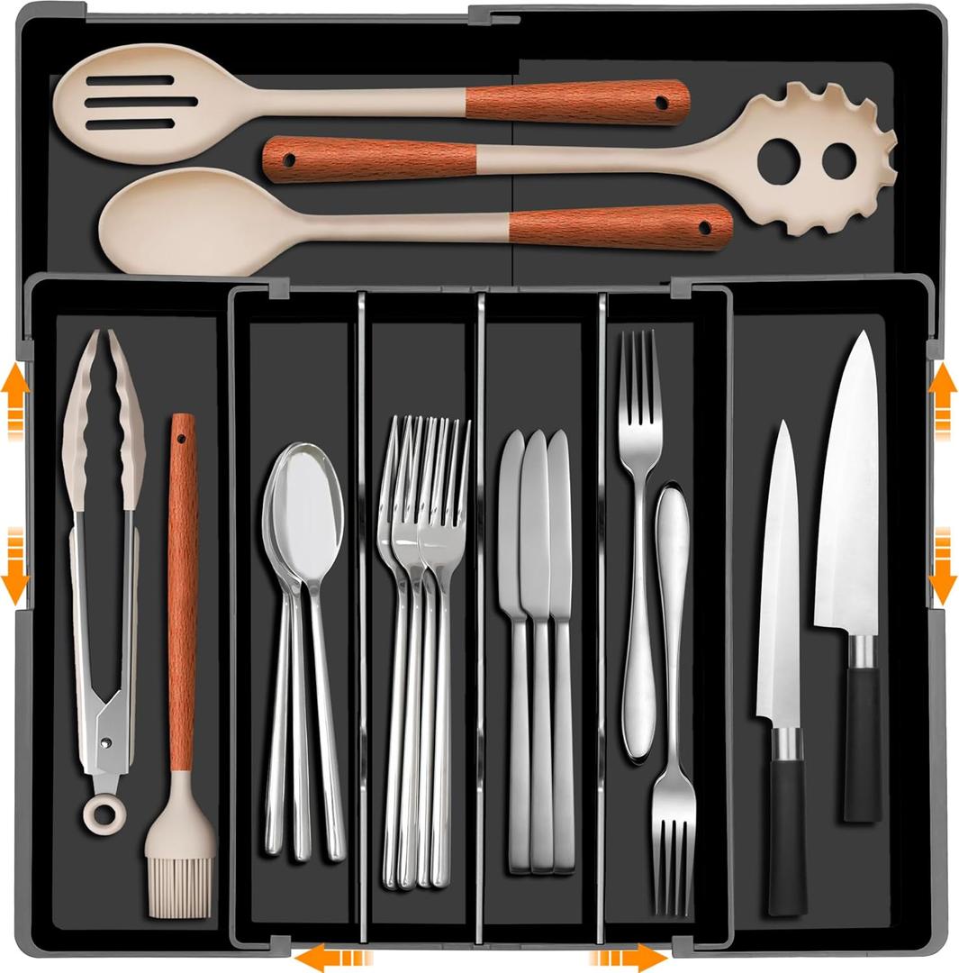 Homecor Silverware Organizer - Expandable Kitchen Drawer Organizer, 3" High Utensil Holder, BPA Free Flatware and Cutlery Tray for Spoons Forks Knives, Plastic Kitchen Organizer and Storage, Black