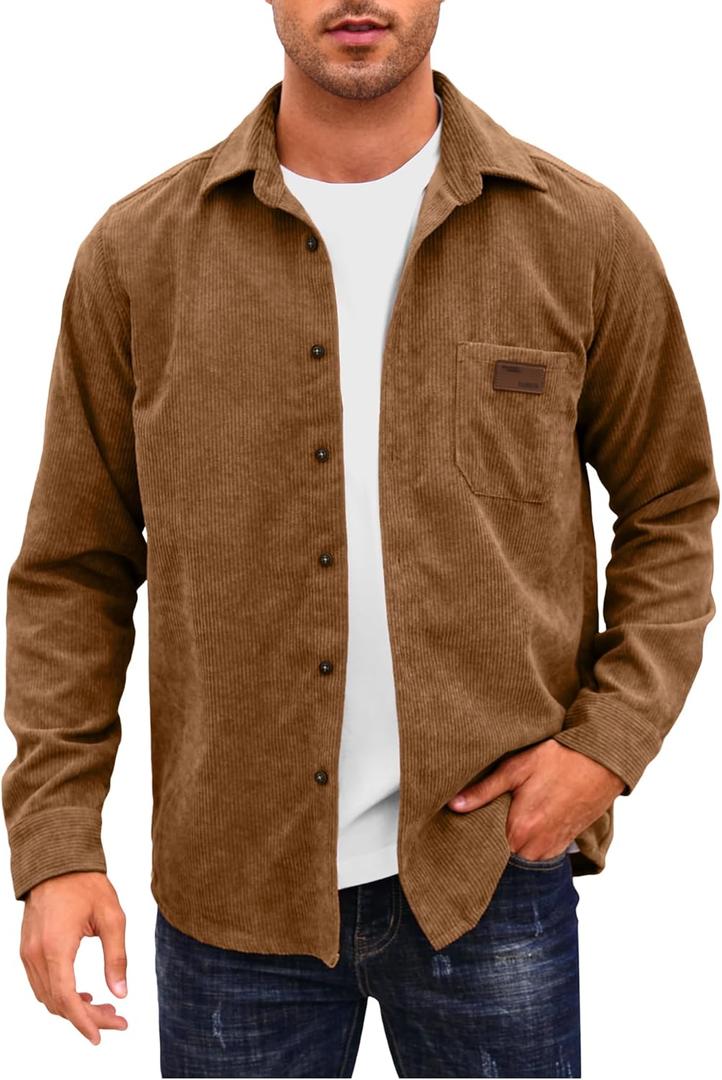 Comdecevis Mens Corduroy Shirts Jacket Button Down Long Sleeve Work Shirts Shackets with Pocket (Brown, M)