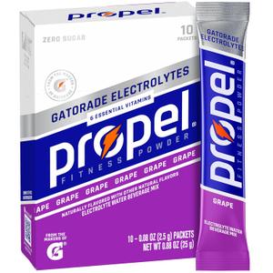 Propel Electrolyte Enhanced Water Drink Mix Powder Packets, Grape, Zero Calorie & Zero Sugar Hydration with Electrolytes and Vitamins C & E (10 Packets)