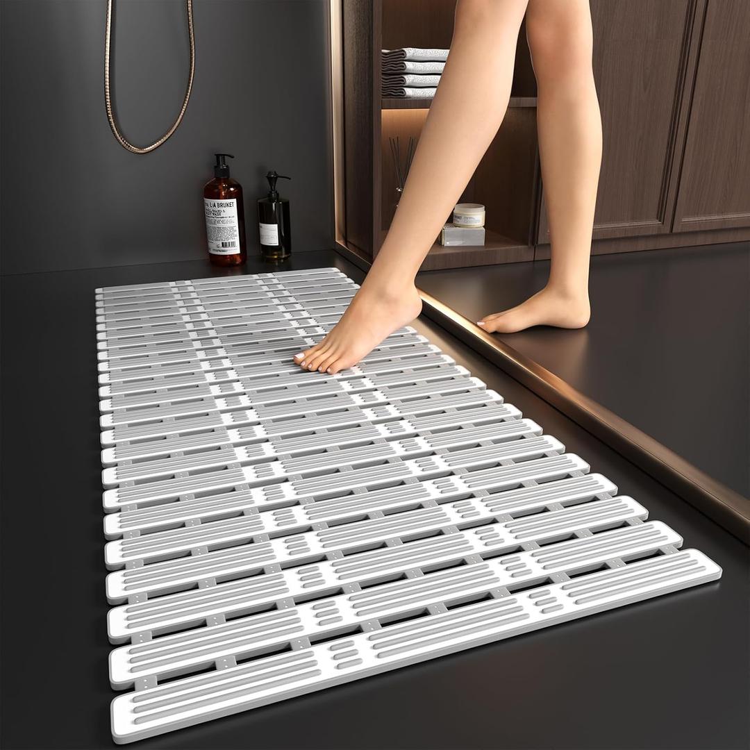 XIYUNTE Shower Mat Non Slip Bath Mat for Tub - 36 x 16 Inch Bathtub Mat Non Slip Shower Mat for Inside Shower, TPE Bath Mat with Powerful Suction Cup, Easy to Cut Bath Tub Mat, Grey