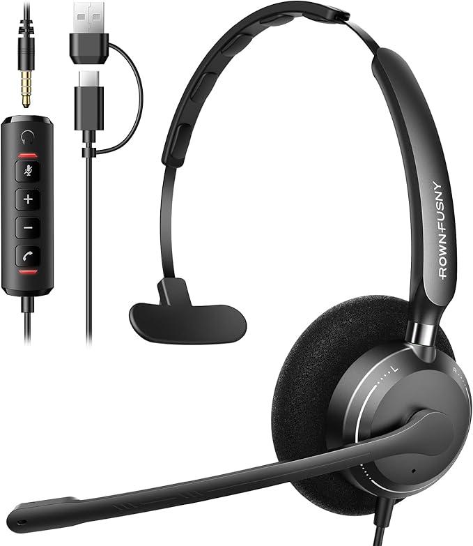 USB Headset with Microphone for PC, Computer Headset with Microphone Noise Canceling Mic for Laptop Call Center Wired Headset with Mic for Work Zoom Skype Teams from Office Home (Black)