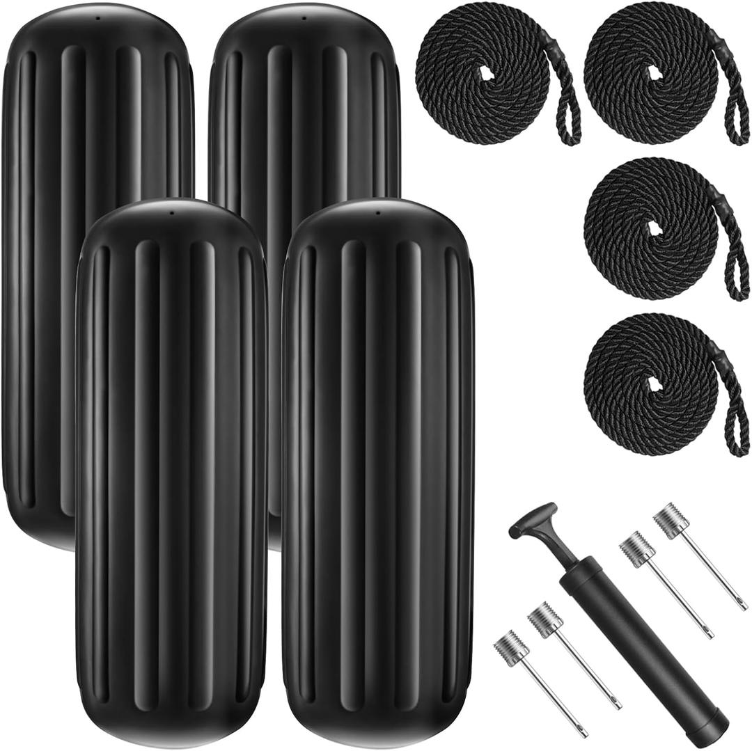 Boat Fenders 4 Pack 10 x 28 Inches Ribbed Center Hole Boat Fenders Bumpers for Docking, Comes with 4 Lines and Pump to Inflate (Black)