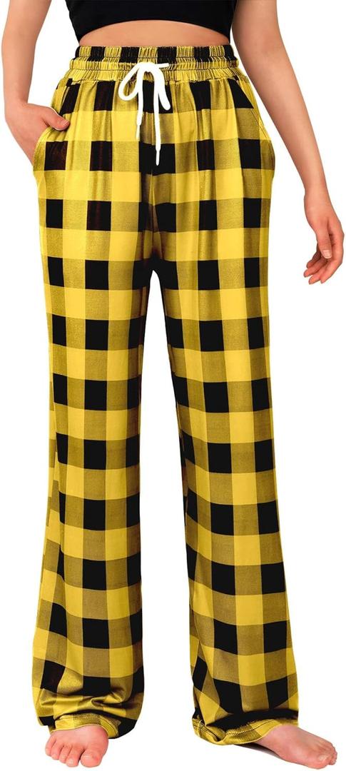 Alimens & Gentle Womens Pajama Pants Plaid Stretch Comfy Lounge Pants Drawstring Waist Sleep Bottoms with Pockets (Small, Yellow & Black)