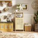 HITNET Bathroom Storage Cabinet Rattan, Small Bamboo Floor Cabinet with Single Door and Open Shelf, Freestanding Narrow Cupboard for Living Room, Kitchen, Entryway, Natural