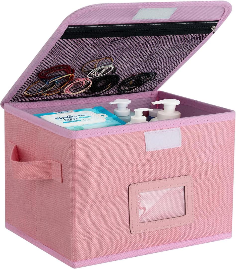 Small Storage Box, Storage Basket with Lid, Foldable Cotton Linen Fabric Keepsake Box, Organizer Container with Zipper for Decorative, Medicine, Greeting Card Organizer. (Pink, 1 Pack)