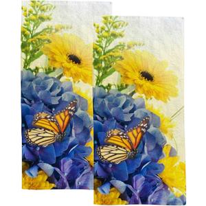 Hapuxt Hand Towels Face Towels Set of 2 Summer Yellow Blue Butterfly Flowers Soft Comfortable Polyester Microfiber Fast Water Absorbent Towels for Bathroom Kitchen 30X15 Inch