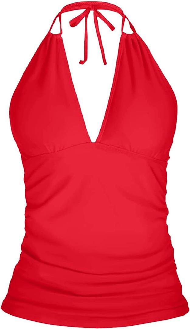Yonique Women's Halter Tankini Top No Bottom V Neck Swim Top Tummy Control Bathing Suit Top (Large, Chili Red)