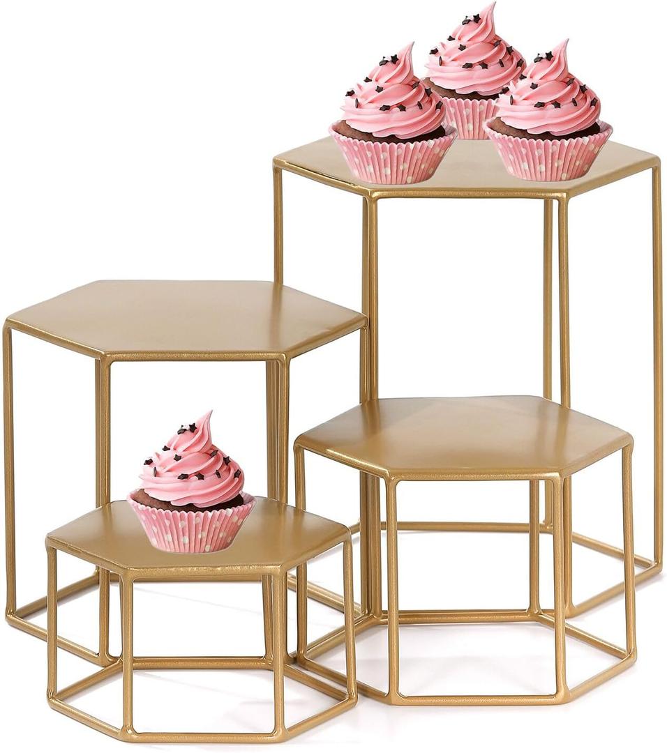 Set of 4 Metal Display Risers, Upgraded Hexagonal Nesting Buffet Riser Set, Modern Brass Buffet Display Stands for Food, Food Display Risers for Buffet Cupcake Small Potted Plants - Medium