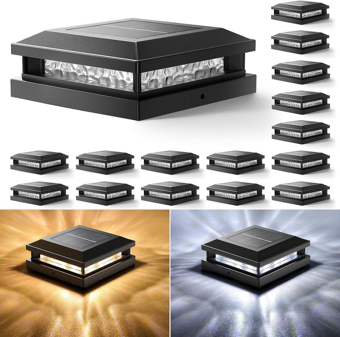 Solar Post Cap Lights 16 Pack, Upgraded Outdoor Fence Post Lights for 4x4 4.5x4.5 5x5 Vinyl/Wood Posts, Black Deck Posts Cap Light Solar Powered with Warm White/Cool White for Garden Patio Porch