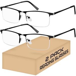 2 Pack Reading Glasses for Men, Lightweight Metal Half Frame Blue Light Blocking Computer Eyeglasses,Spring Hinges Anti Eyestrain/Glare/UV Readers(Black 3.5)