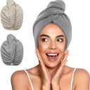 YFONG 2 Pack Microfiber Hair Towel Wrap for Women, Super Absorbent Quick Dry Hair Turban for All Hair Style Anti Frizz, Large Hair Drying Towel with Button (Gray+camel)