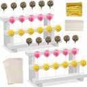 Tuanse 2 Pack Wooden Cake Pop Stand 3 Tier Cake Pop & Lollipop Display Holder with 100 Treat Bags Lollipop Sticks and Gold Twist Ties for Dessert Table Wedding Baby Shower Birthday Party(Wood)